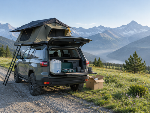 A 4x4 with a rooftop tent parked on an alpine dirt road, a new camp kitchen set out on its open tailgate.
