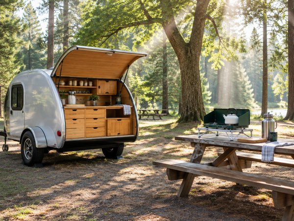 A teardrop trailer with its galley hatch open beside a portable camp kitchen on a timber picnic table under trees.