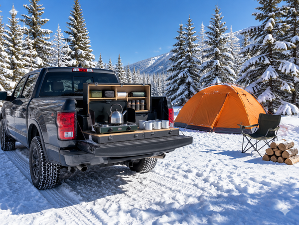 Pickup truck with its tailgate down and a camp kitchen box on it at a snowy basecamp among frosted pine trees