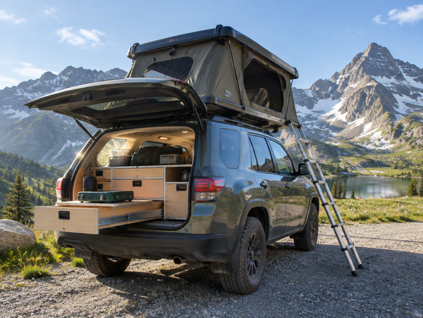 A 4x4 with an open rooftop tent parked on an alpine gravel road, its rear hatch open to show a wooden drawer kitchen.