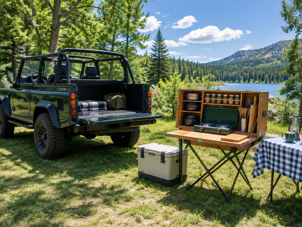 An open wooden camp kitchen box with cookware on a stand beside a 4x4 at a sunny, tree-lined campsite.