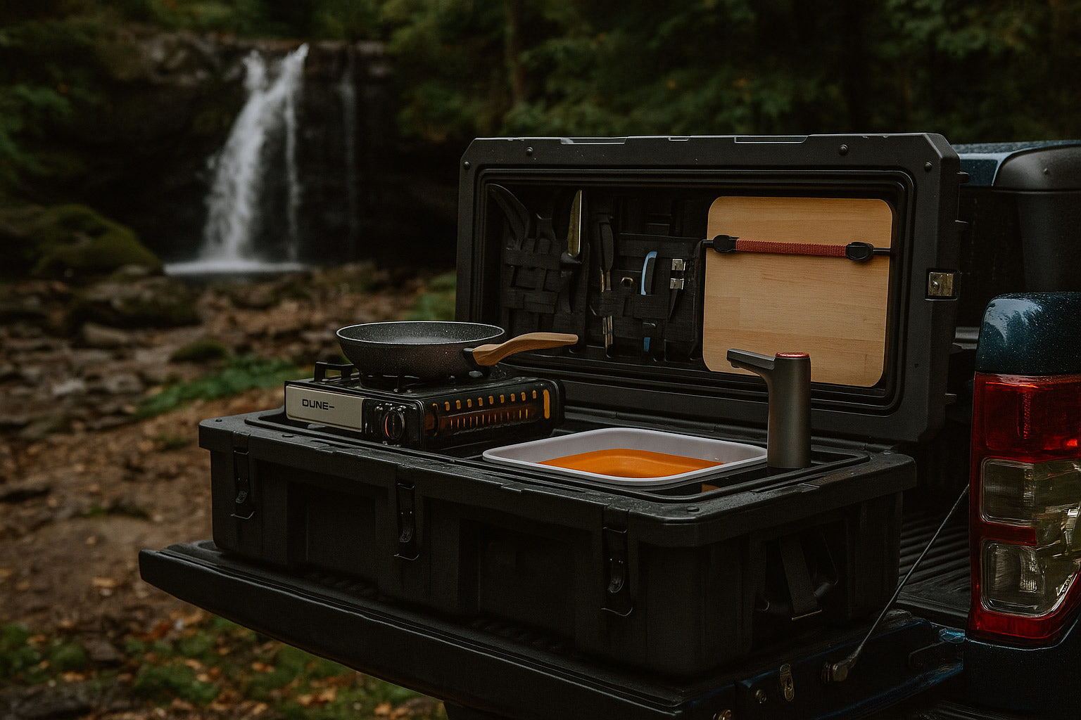 Portable outdoor kitchen setup on a vehicle with a scenic background of a waterfall.