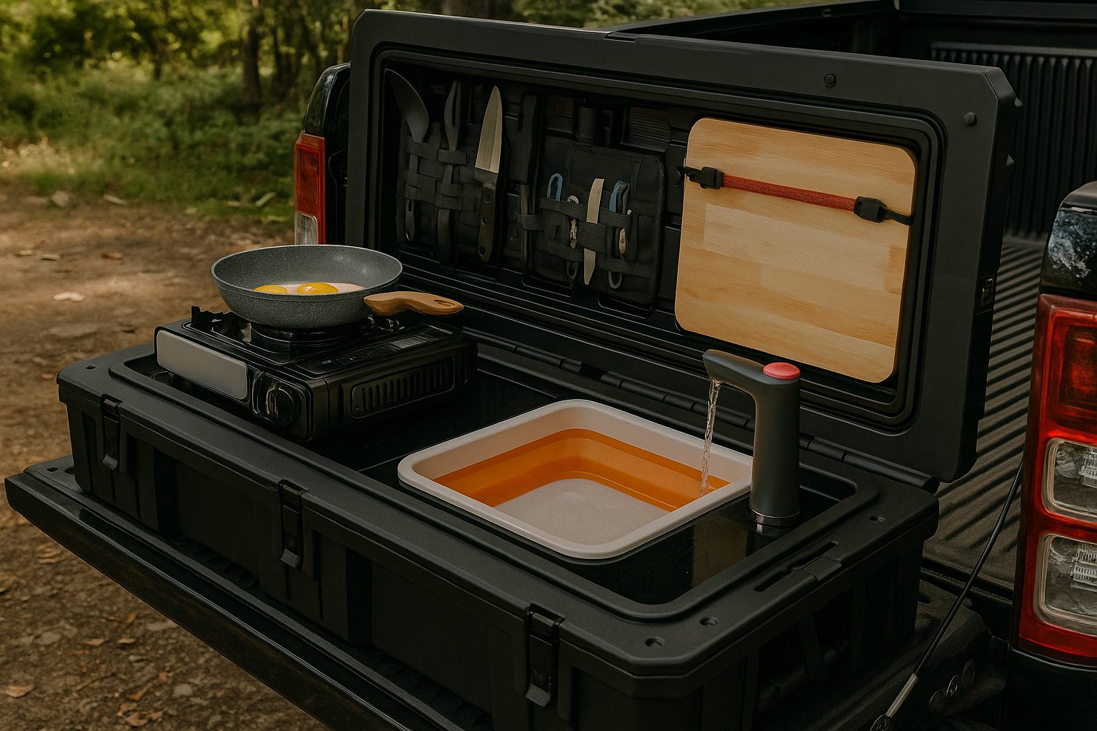 Truck bed with camping setup including a stove, pan, and utensils and camp kitchen
