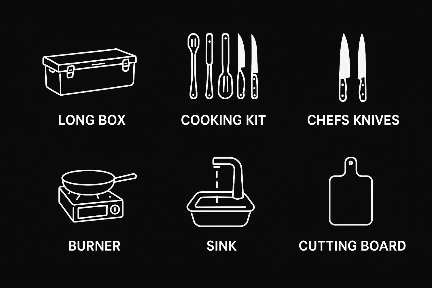 Set of kitchen utensils and appliances with labels on a black background