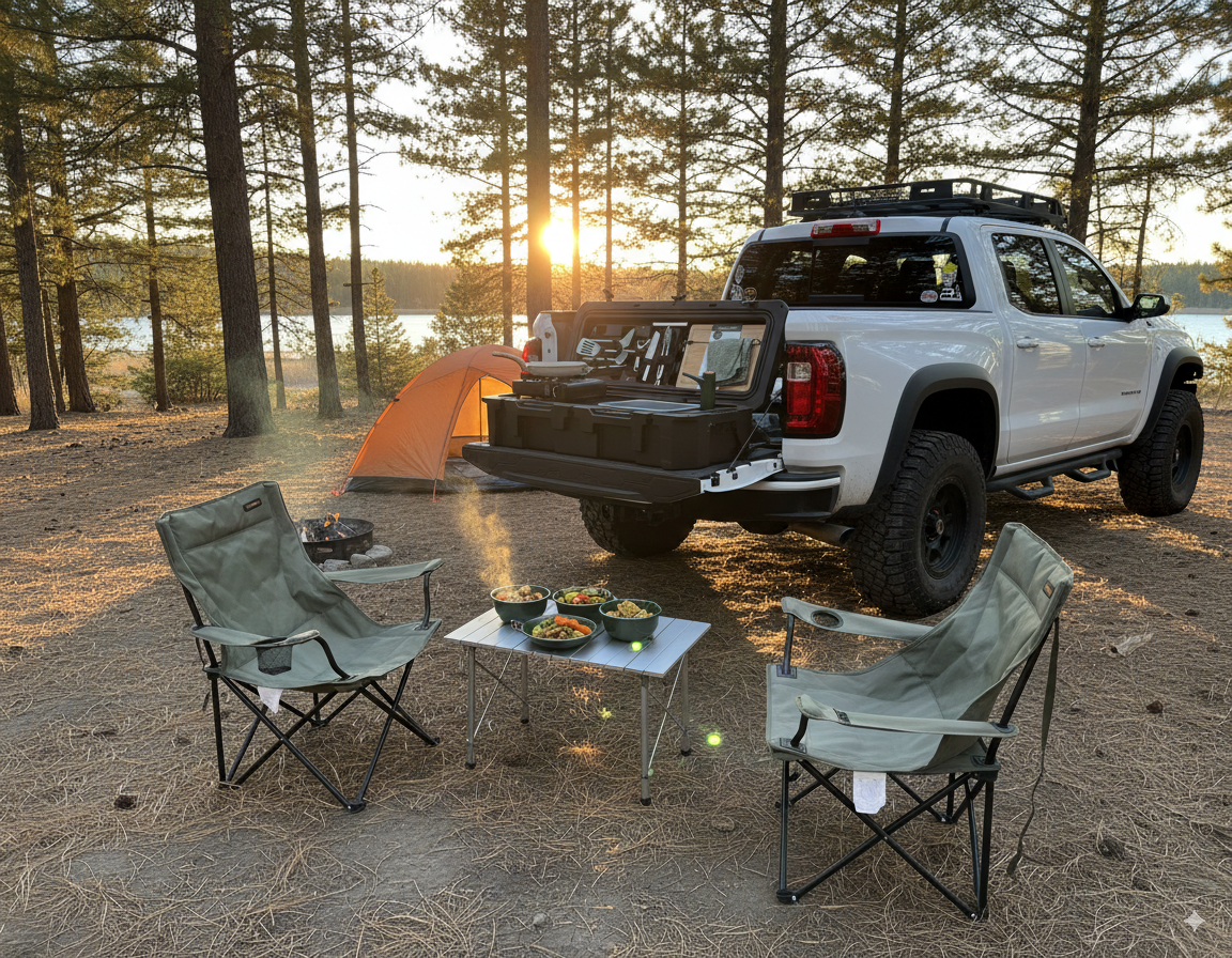 Compact camp kitchen box with 30 accessories for car camping