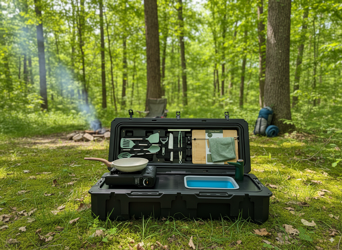 Black camping kitchen with stove with sink in a forest setting
