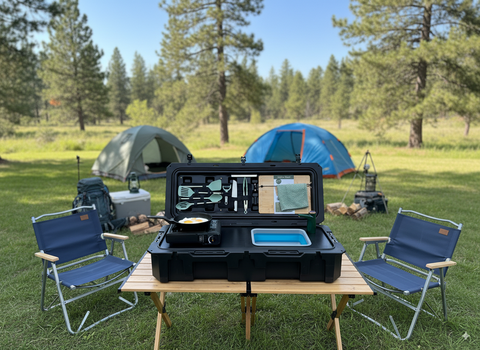Camping setup with a portable kitchen on a table, chairs, and tents in a forested area.