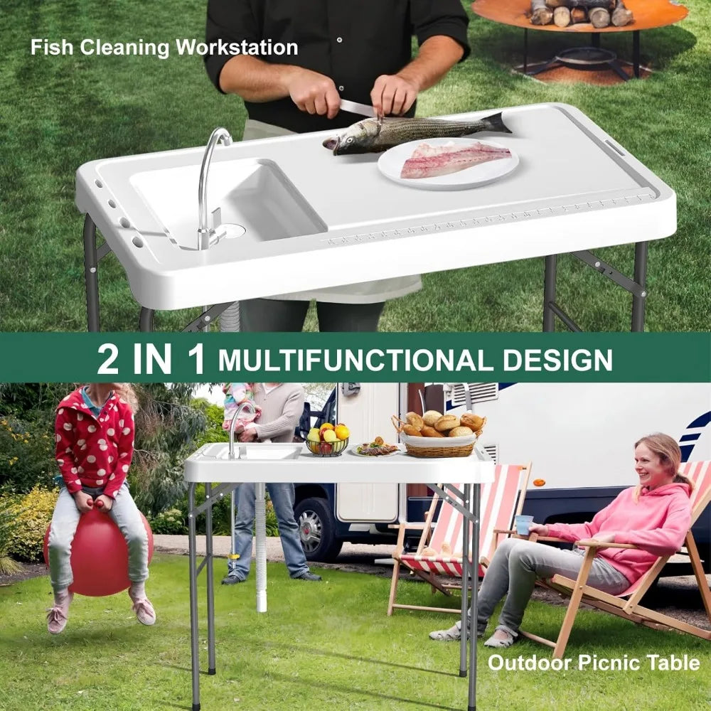 42.5" Fish Cleaning Station — Folding Camp Table with Sink & Faucet