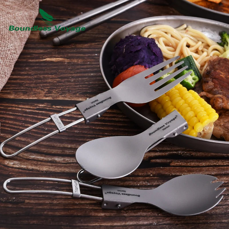 Titanium Camping Cutlery Set — Folding Spoon, Fork & Chopsticks