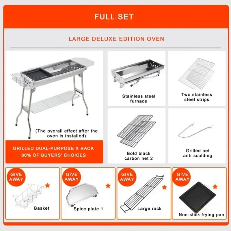 Stainless Steel Charcoal Grill — Portable Free-Install Outdoor BBQ