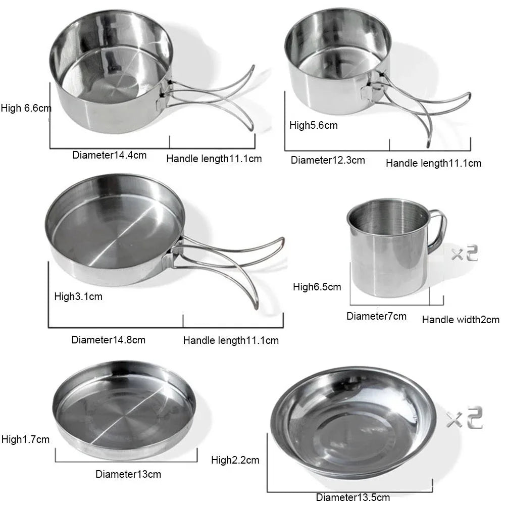 8-Piece Camping Cookware Mess Kit — Pot, Pan, Cups & Tableware