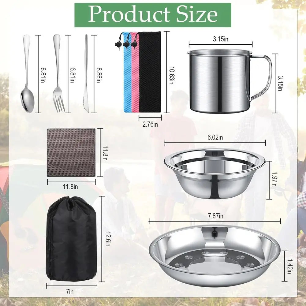Stainless Steel Camping Set — Pot, Plates, Cups, Cutlery & Carrying Bag