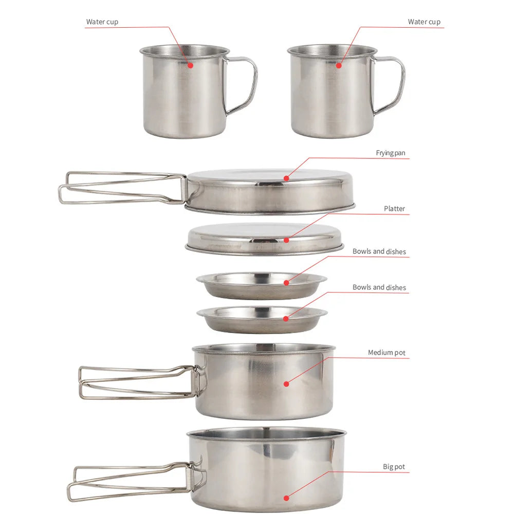 8-Piece Camping Cookware Mess Kit — Pot, Pan, Cups & Tableware