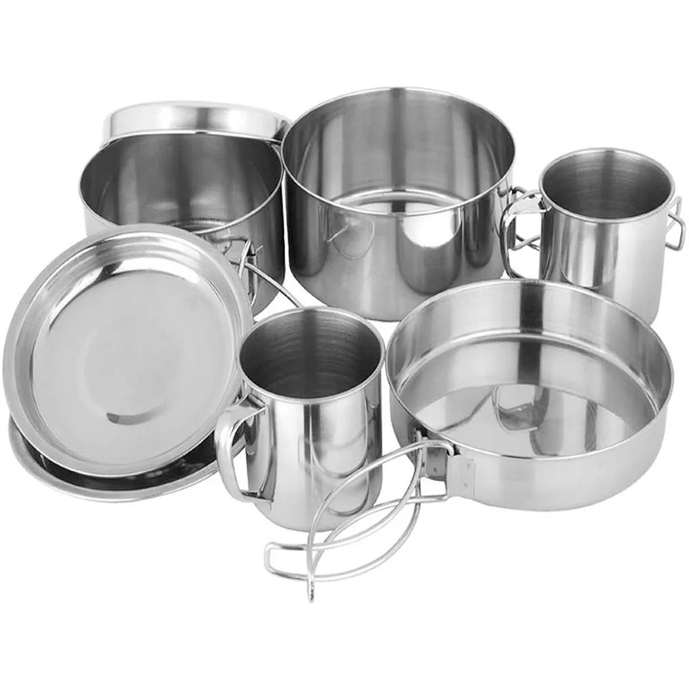 8-Piece Camping Cookware Mess Kit — Pot, Pan, Cups & Tableware
