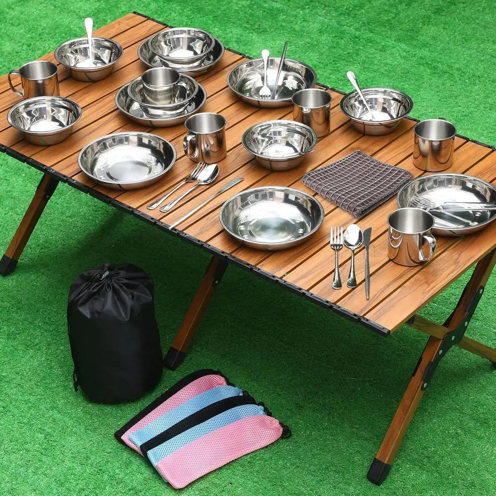 Stainless Steel Camping Set — Pot, Plates, Cups, Cutlery & Carrying Bag