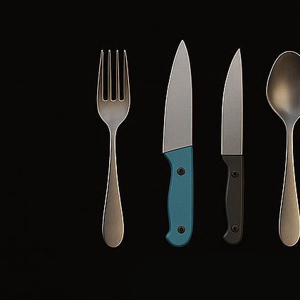 Set of cutlery including a fork, two knives with different handles, and a spoon on a black background.