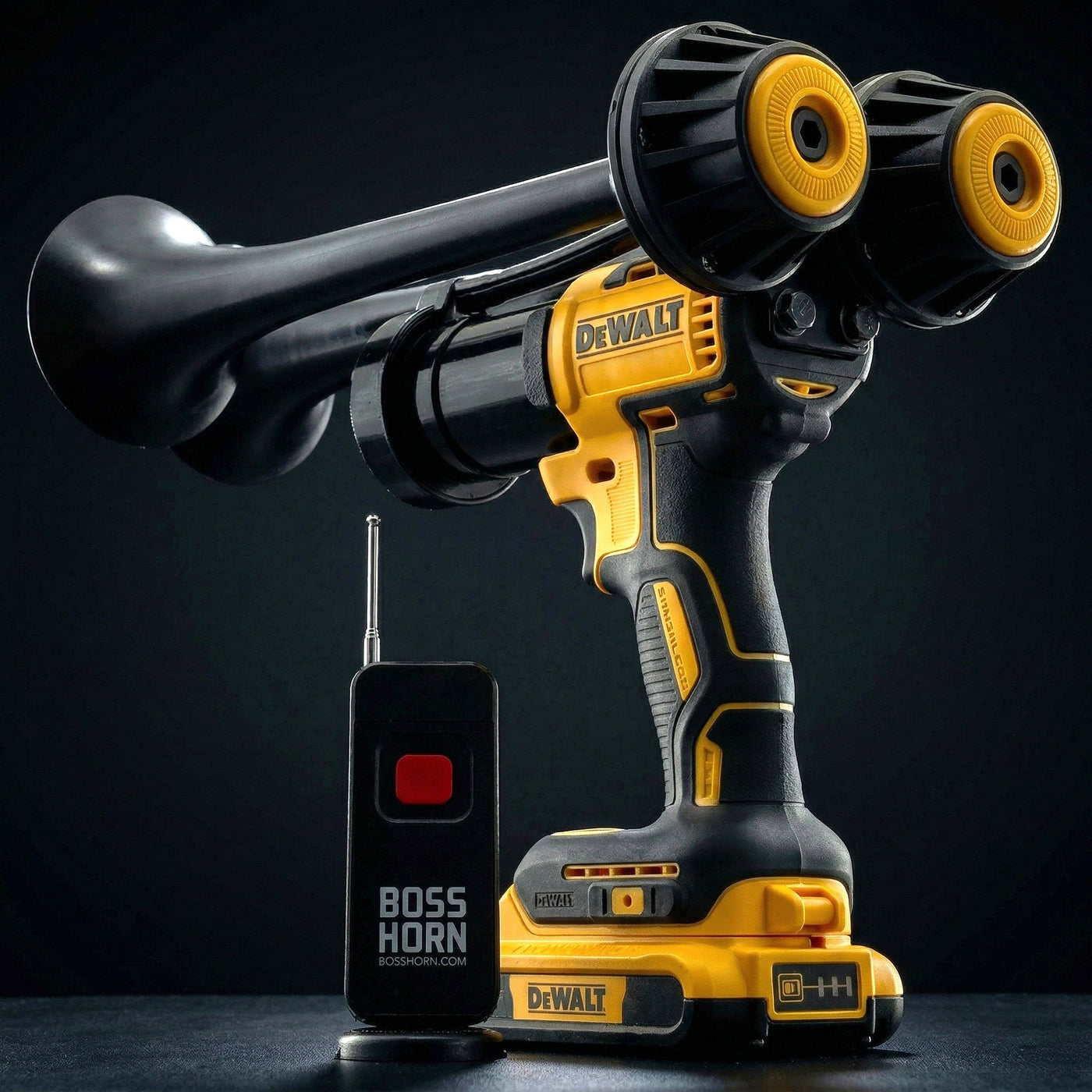 Dual wildlife deterrent camp horn that runs on a DeWalt® 20V battery
