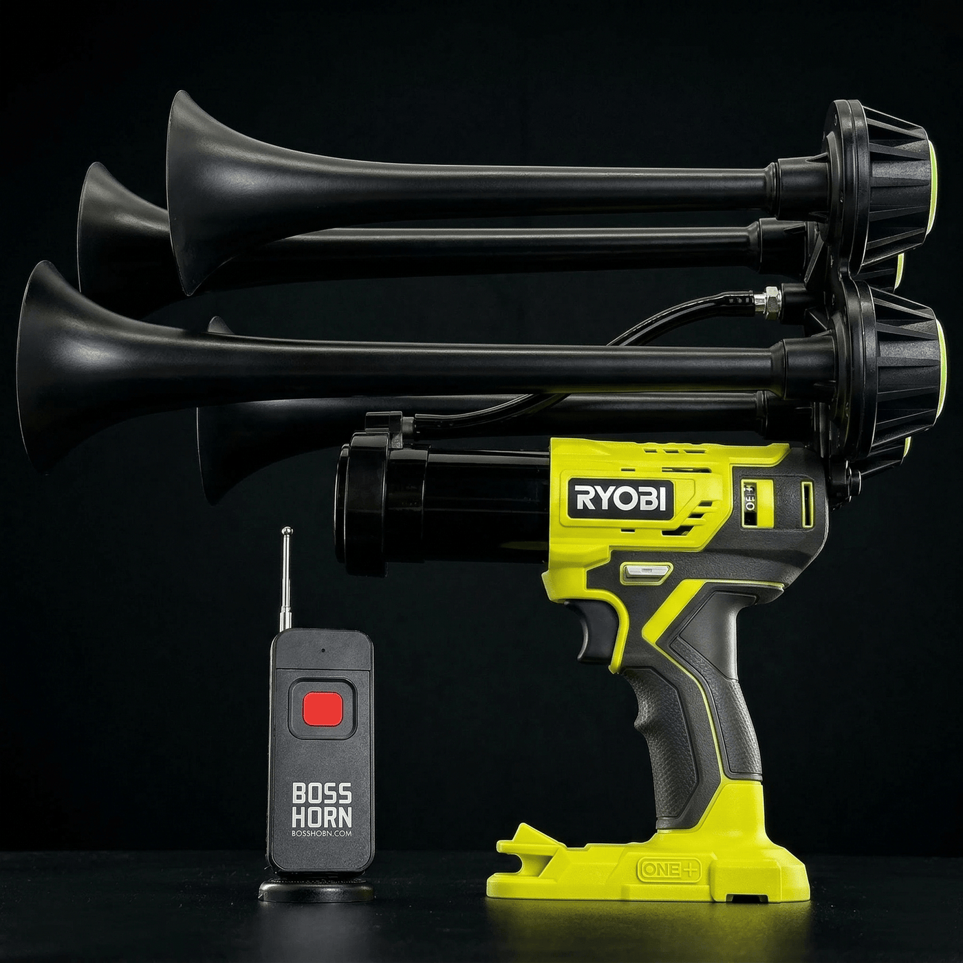 Black four-trumpet wildlife deterrent camp horn with wireless remote on a dark background