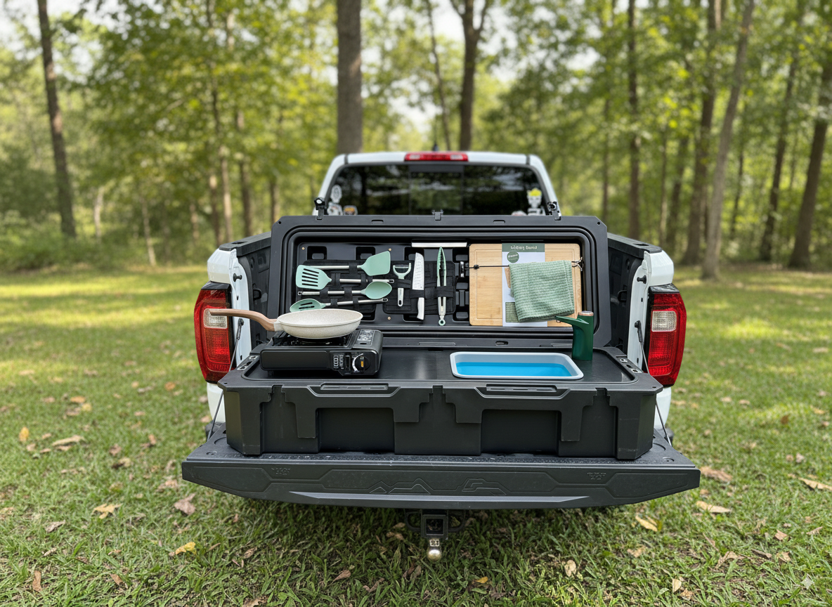 Truck bed with camping kitchen with sink in a forest setting